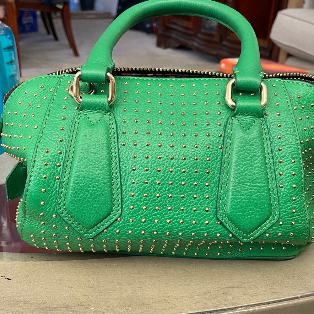 Green Studded Leather Satchel Bag